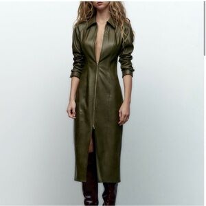 Zara Olive Faux Leather Long Dress